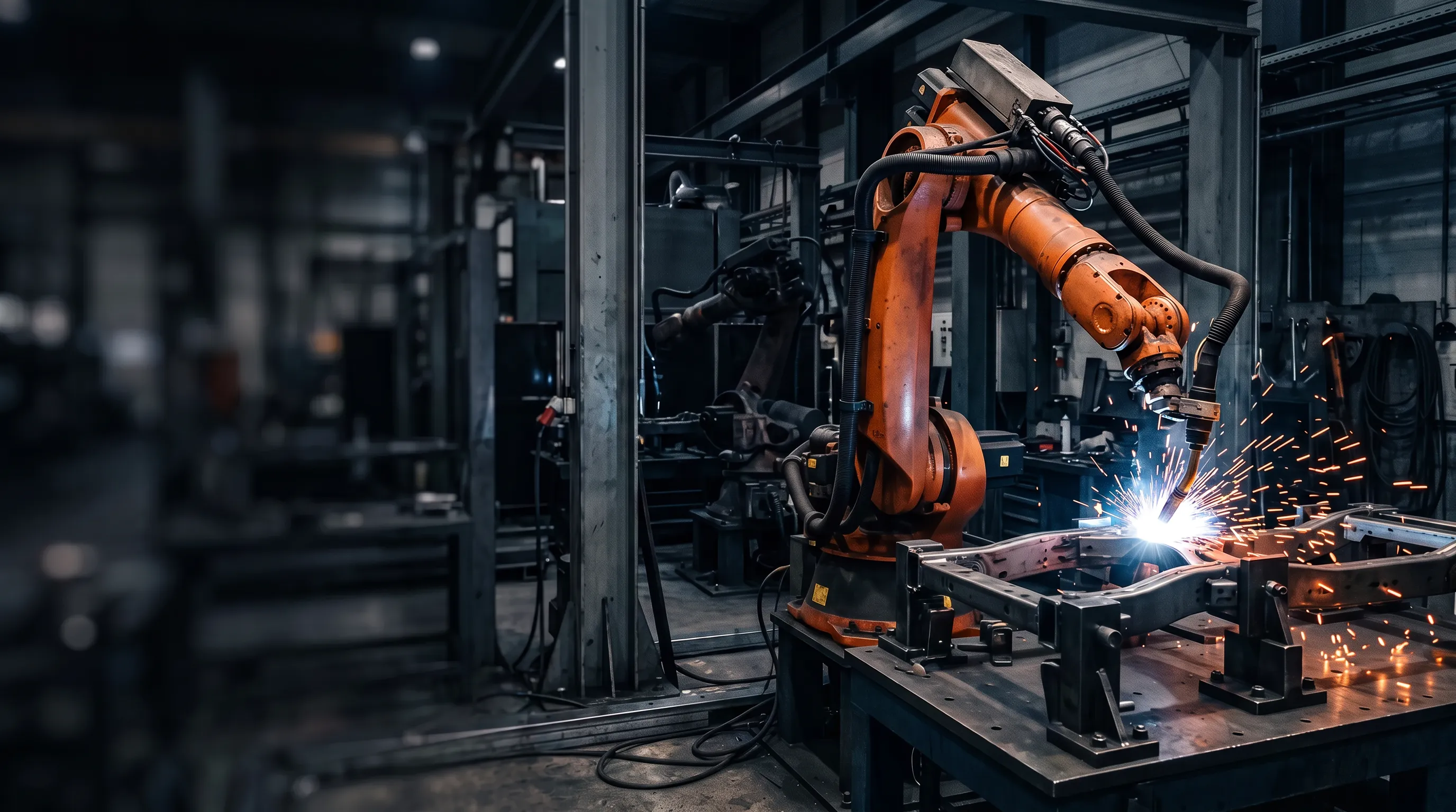 Illustrative robotic welding scene with sparks over a fixtured steel assembly